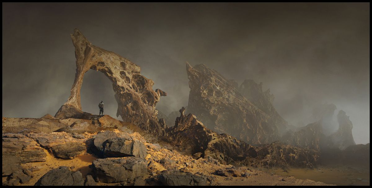 Environment artwork of the Dune survival game, featuring a lone explorer under a craggy arch.