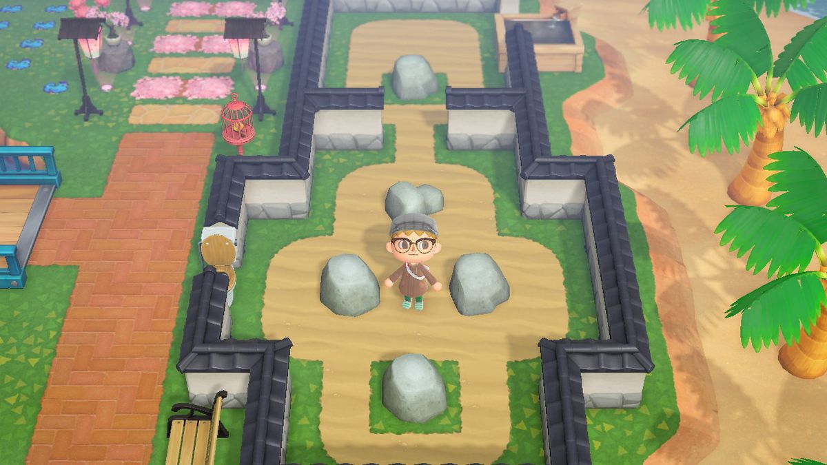 A rock garden in progress in Animal Crossing: New Horizons