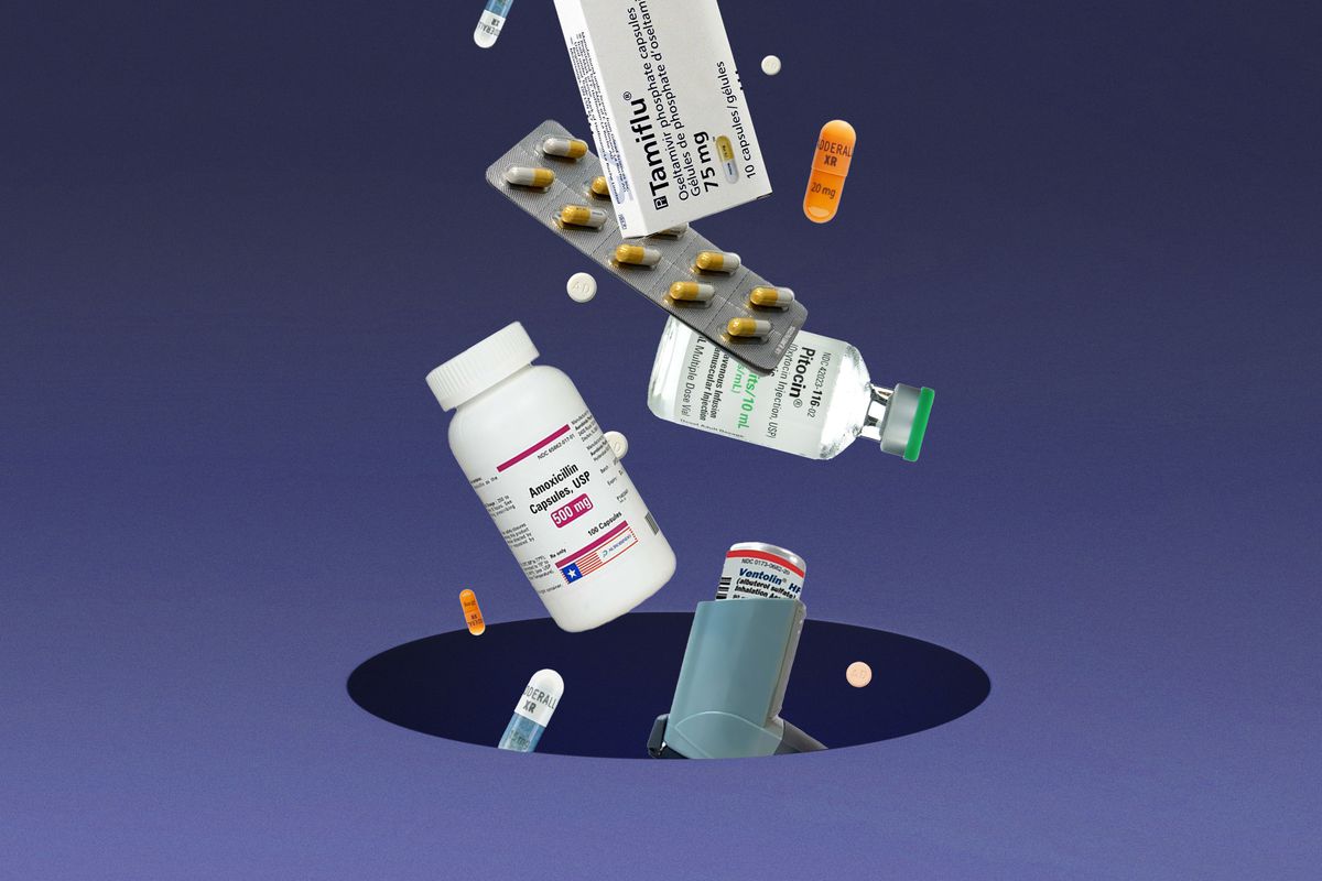 A cascade of pill bottles, loose pills, bubble cards of medications and boxes fall from the top of the image down through a black hole in the bottom.