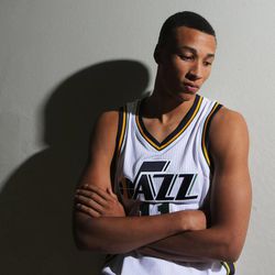 Dante Exum poses for a photo as the Utah Jazz hold their media day Monday, Sept. 29, 2014, in Salt Lake City at the Zions Bank Basketball Center.