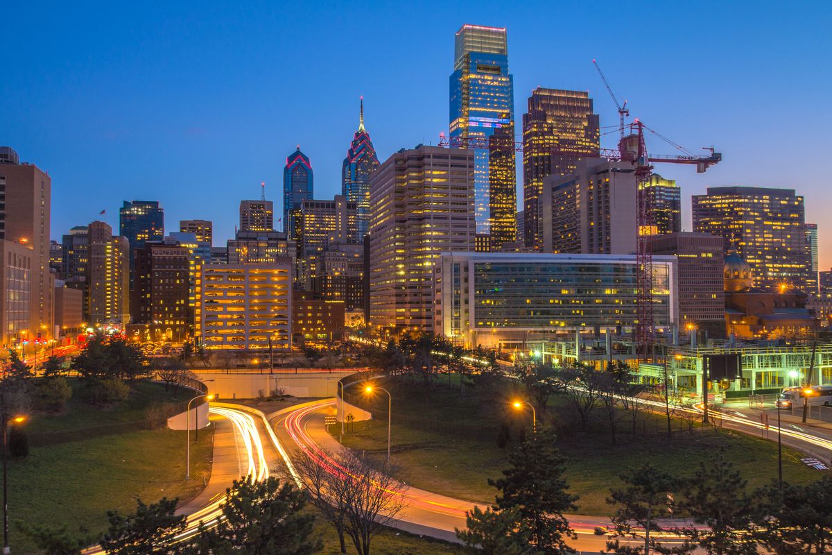 A night view of the Philly skyline from Vine Street expressway.