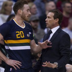 Utah forward Gordon Hayward (20) talks about a play with Utah head coach Quin Snyder during an NBA basketball game in Salt Lake City on Friday, Dec. 23, 2016. Toronto took down Utah with a final score of 104-98.