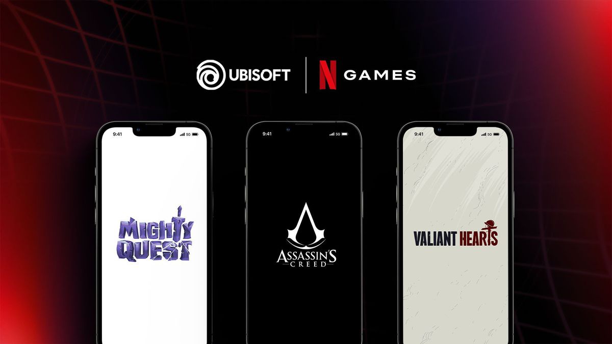Imagine promoțională pentru parteneriatul Ubisoft și Netflix Games cu telefoane care afișează sigle pentru Mighty Quest, Assassin's Creed, Valiant Hearts.