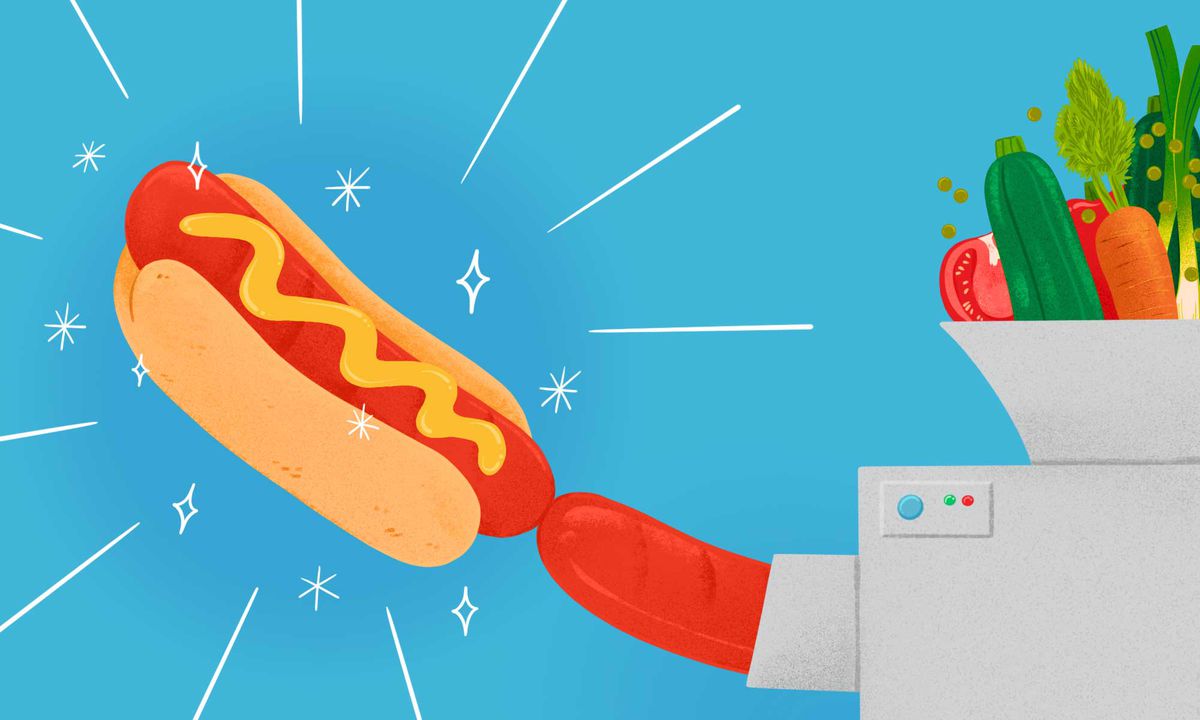 Veggie dogs come out of a meat grinder-like machine that is being fed with vegetables. Illustration.