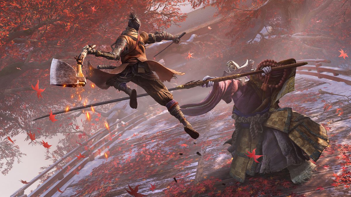 a warrior with an ax leaps at an enemy holding a long pike in Sekiro: Shadows Die Twice