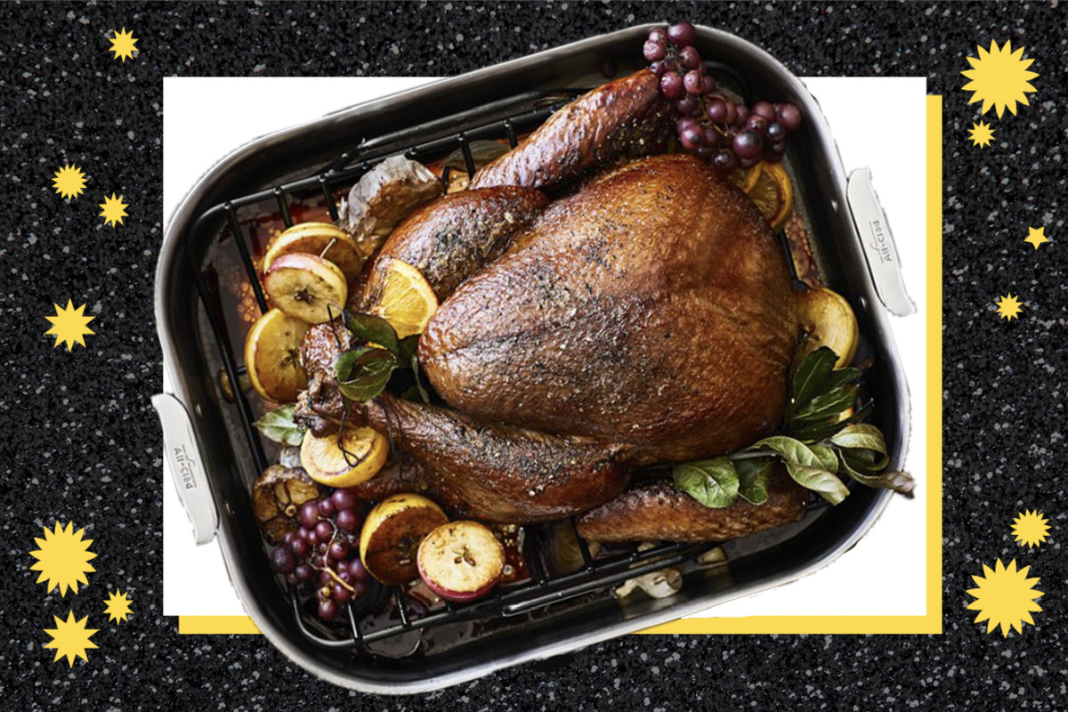 Turkey in an All-Clad roasting pan on a black sparkly background