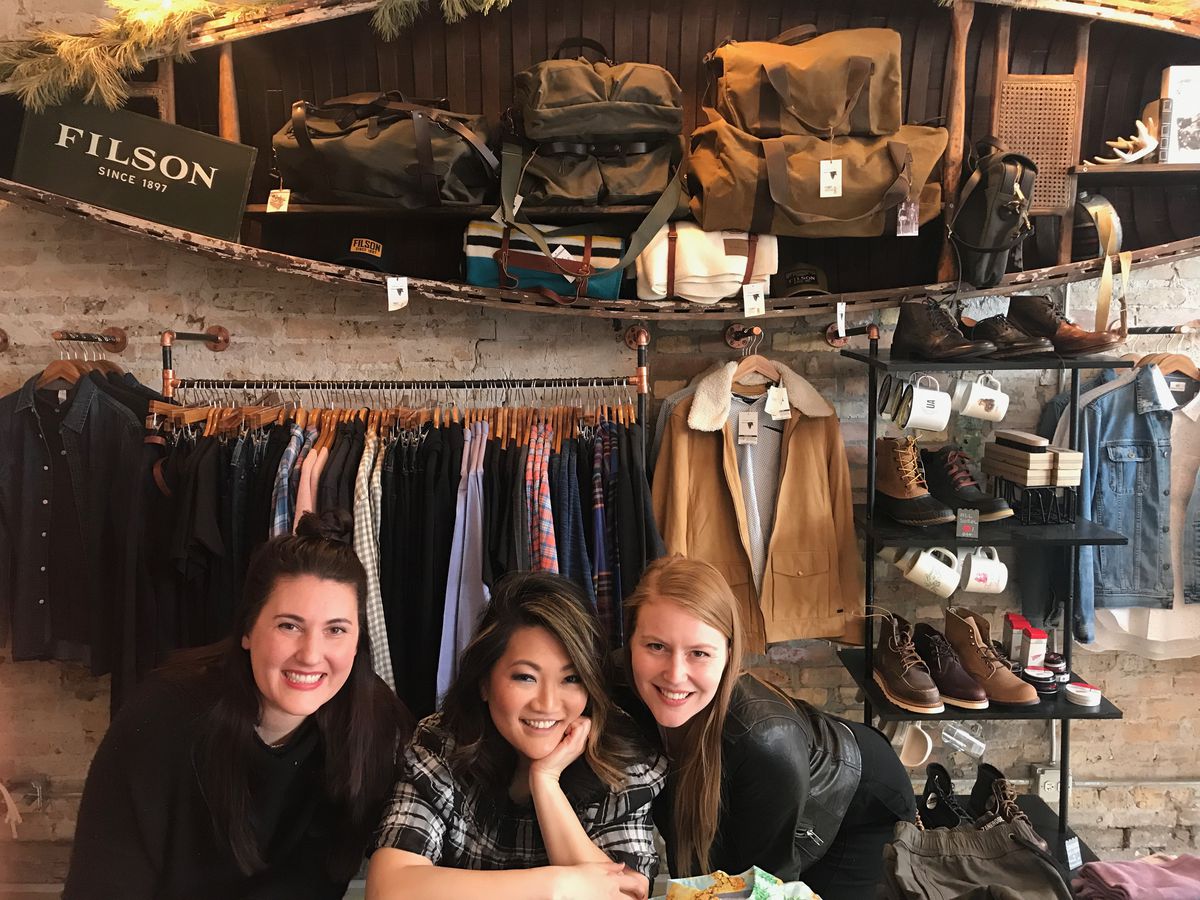 Ji with sisters Jennifer Detrich &amp; Eleanor Smith, owners of a Logan Square boutique called Birdseye View. | Jamie Leventhal \ Sun-Times.