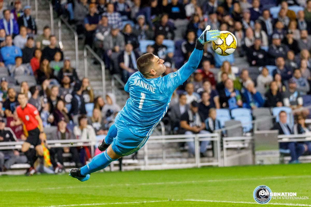 September 25, 2019 - Saint Paul, Minnesota, United States - Minnesota United goalkeeper Vito Mannone (1) makes a save during the first half against Sporting KC at Allianz Field. 
