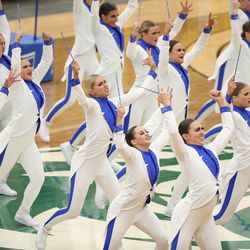 The Bingham drill team competes in the show category of the 6A state finals at the UCCU Center in Orem on Thursday, Feb. 4, 2021.
