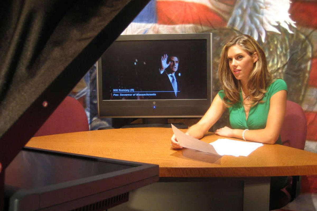 In this 2007 file photo, Abby Huntsman, second oldest daughter of Jon Huntsman Jr. and Mary Kaye Huntsman, is seen on the set of the "Penn Red" political talk show. Huntsman is now the co-host of "The Cycle." 