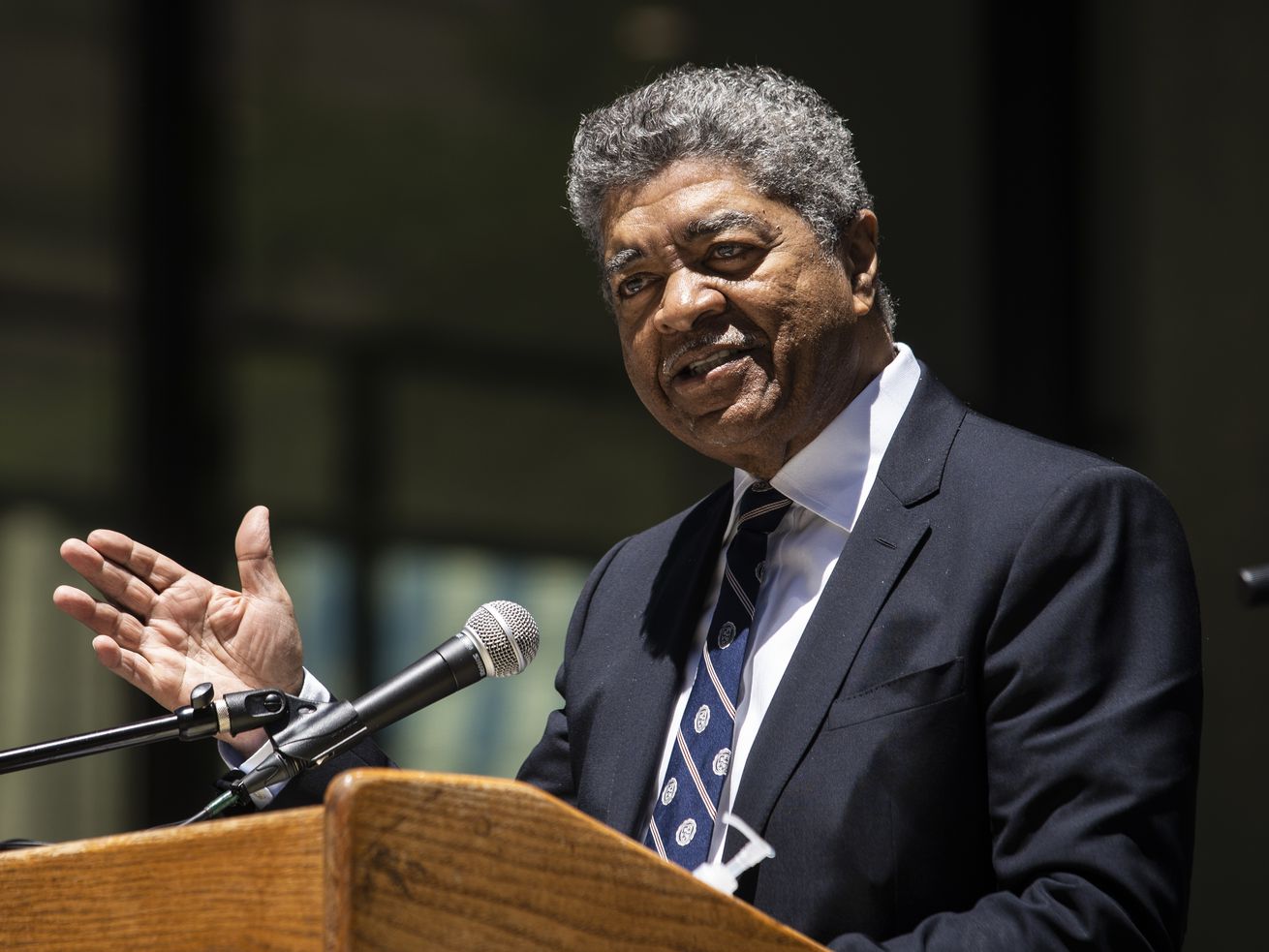 Timothy Evans, chief judge of the Cook County Circuit Court, announces that the Chicago skyline will be lit red in honor of Juneteenth during a news conference in Daley Plaza in the Loop, Wednesday afternoon, June 16, 2021.