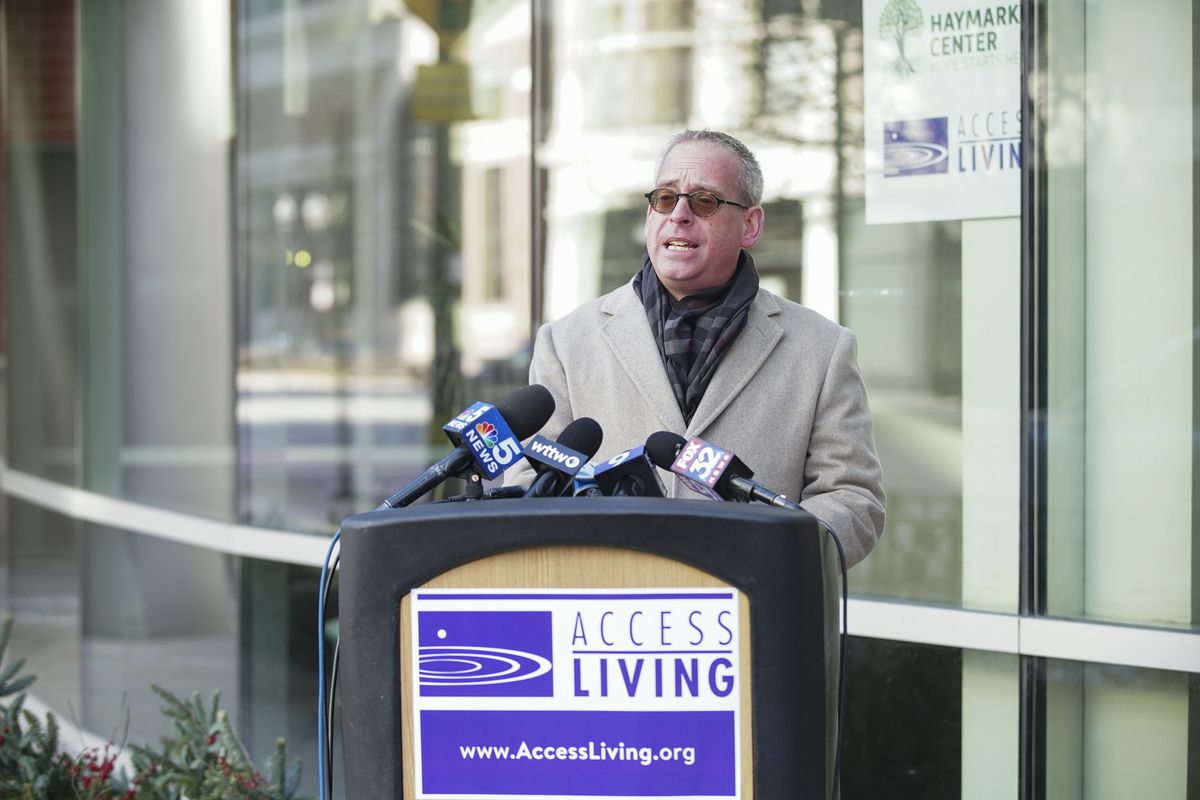 Dan Lustig, president and CEO of the Haymarket Center speaks about the filing of a lawsuit against the Village of Itasca’s following the rejection of a comprehensive treatment center during a press conference outside of the Access Living offices at 115 West Chicago Ave in Near North, Tuesday, Jan. 11, 2022.