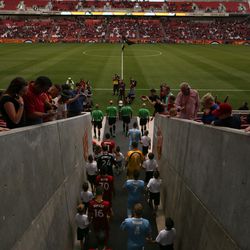 Real Salt Lake and Wilmington Hammerheads players enter the field before a U.S. Open Cup game at Rio Tinto Stadium in Sandy on Tuesday, June 14, 2016.