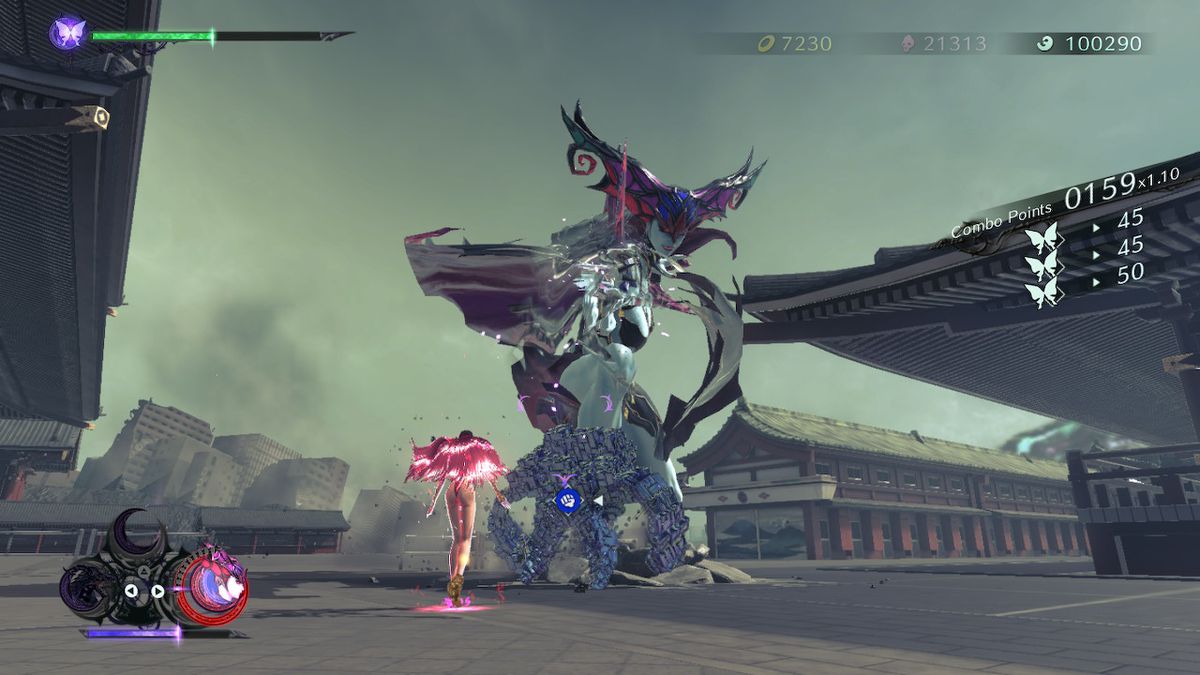 A demon stands in front of buildings in Bayonetta 3.