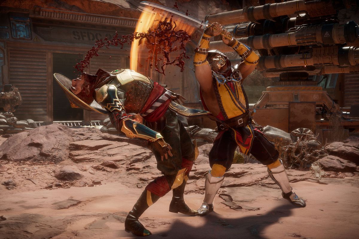 Scorpion slices Raiden with a sword in a screenshot from Mortal Kombat 11