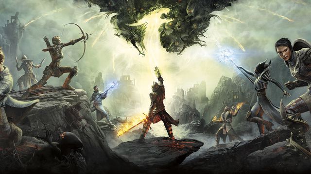 Dragon Age: Inquisition key art, showing an Inquisitor holding their hand to the sky as a fantasy battle rages around them.
