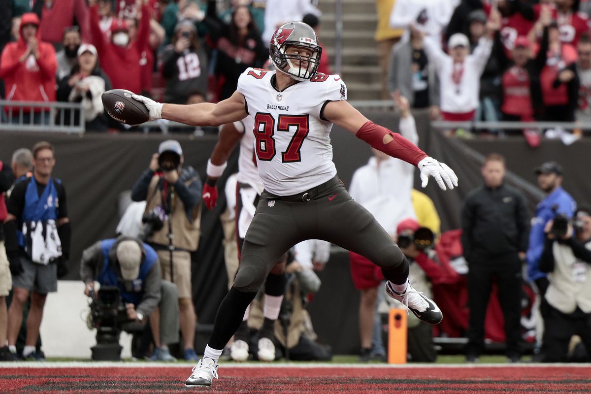 Rob Gronkowski #87 of the Tampa Bay Buccaneers celebrates after scoring a touchdown against the Philadelphia Eagles during the third quarter in the NFC Wild Card Playoff game at Raymond James Stadium on January 16, 2022 in Tampa, Florida.