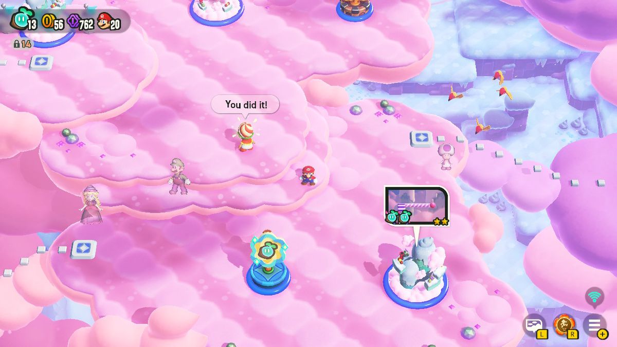 A view of the Super Mario Bros. Wonder world map, with the player as Mario and see-through avatars of other players as Luigi and Peach