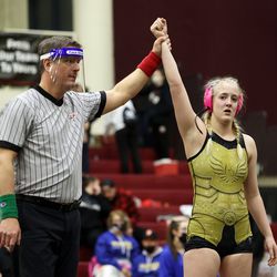 Kacy Mecham of Duchesne defeats Nya Jolley of Rich in the 145 weight class at the 5A/3A/2A/1A girls wrestling state championship meet at Mountain View High School in Orem on Wednesday, Feb. 17, 2021.
