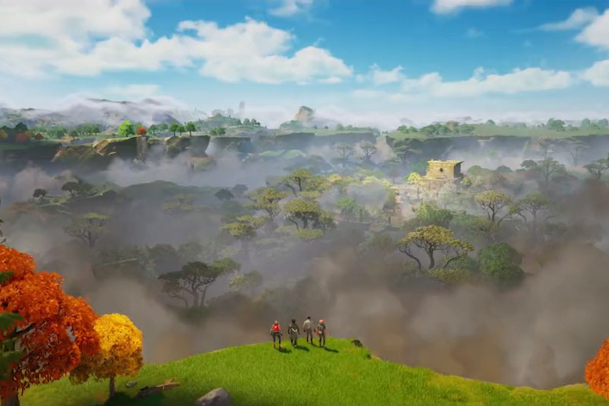 Four Fortnite characters look out over a huge map filled with jungle and ruins