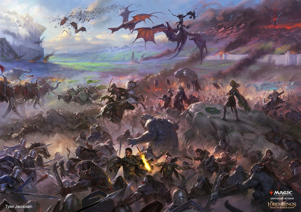 La batalla de los campos de Pelennor como se muestra en un juego de cartas en Magic: The Gathering