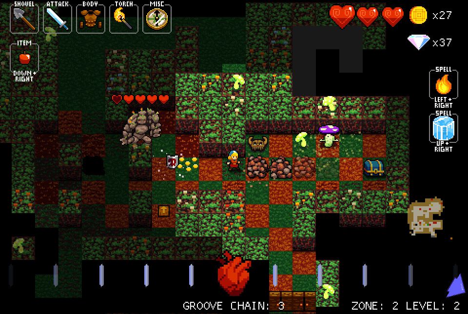 A screenshot from Crypt of the Necrodancer. A small sprite stands on a grid, surrounded by various enemies.
