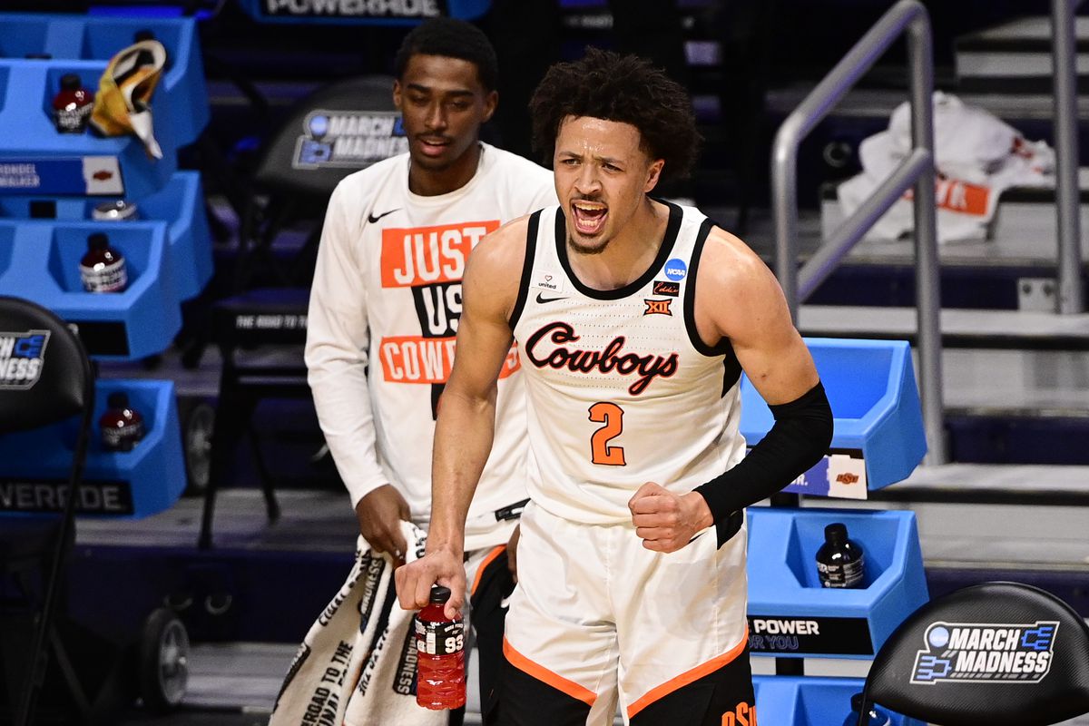 Oklahoma State Cowboys guard Cade Cunningham yells from the sidelines during the second half in the second round of the 2021 NCAA Tournament against the Oregon State Beavers at Hinkle Fieldhouse.
