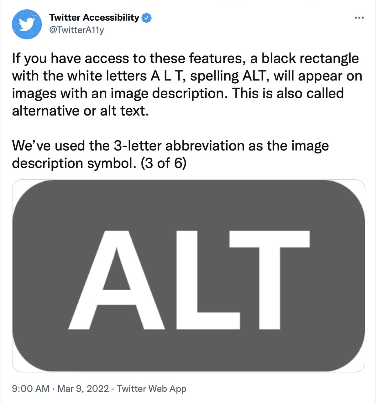 Screenshot of a tweet where the grey “Alt” badge doesn’t appear in the corner of an image.