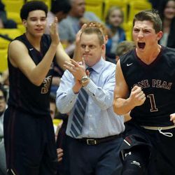 Tyson Doman, right, and Lone Peak Head Coach Quincy Lewis celebrate near the end of the game against American Fork during boys high school basketball in Orem, Tuesday, Feb. 10, 2015.