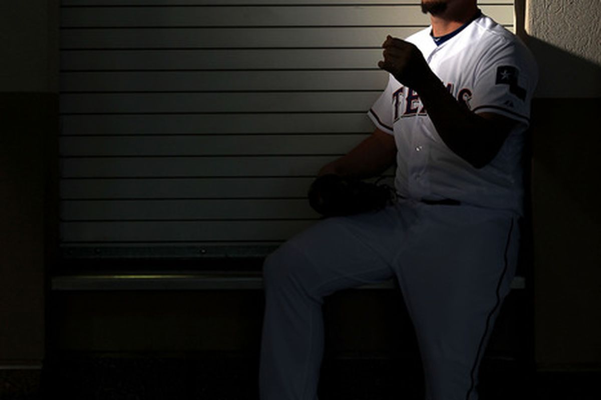 SURPRISE, AZ - FEBRUARY 28:  Matt Harrison #54 of the Texas Rangers poses during spring training photo day on February 28, 2012 in Surprise, Arizona.  (Photo by Jamie Squire/Getty Images)