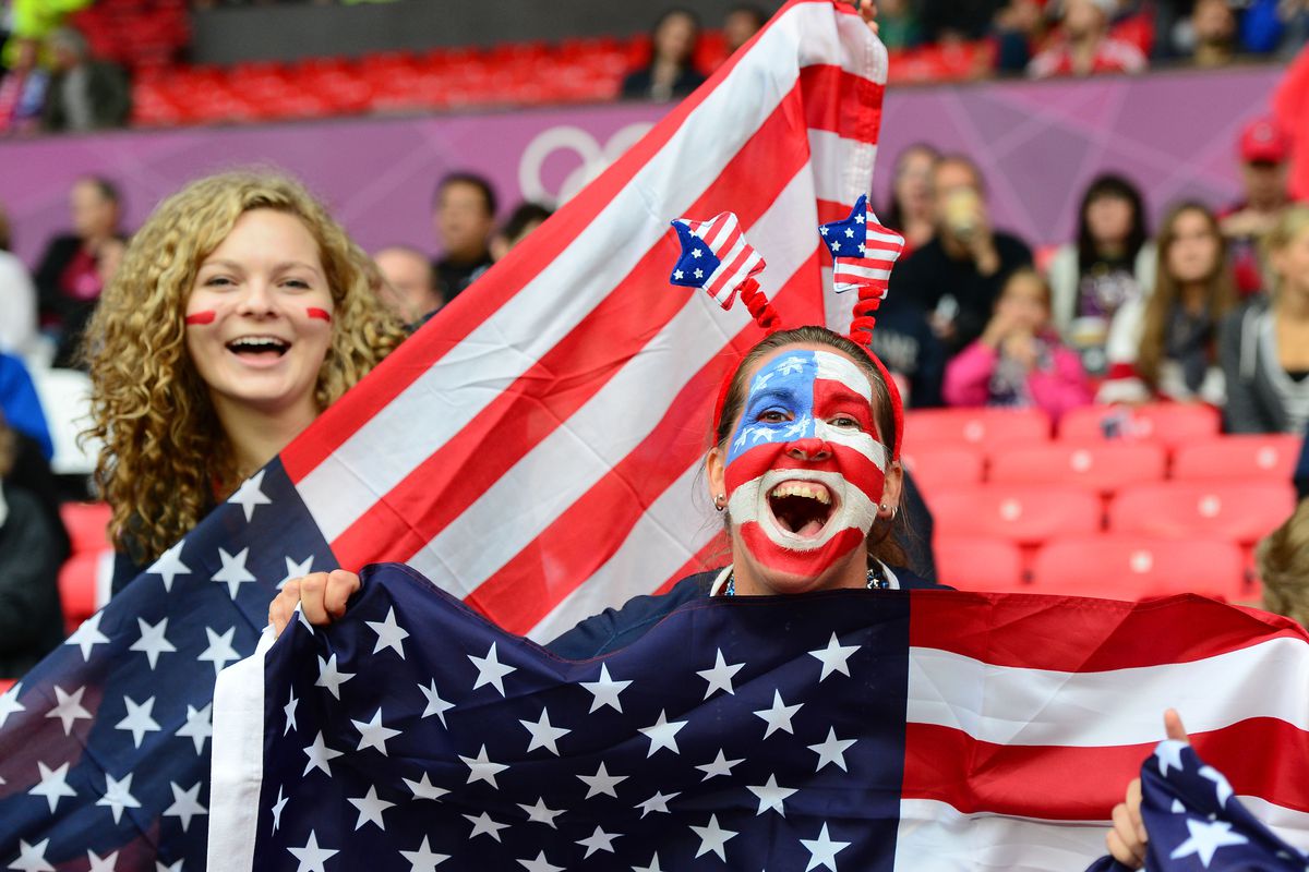Aug 6, 2012; Manchester , United Kingdom; USA fans cheer prior to the game against Canada in the semi finals during the London 2012 Olympic Games at Old Trafford. Mandatory Credit: Mark J. Rebilas-USA TODAY Sports
