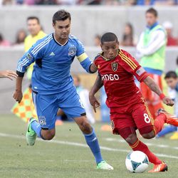 Players compete in an MLS game between Real Salt Lake and San Jose at Rio Tinto Stadium in Sandy on Saturday, June 1, 2013. RSL beat the Earthquakes 3-0.