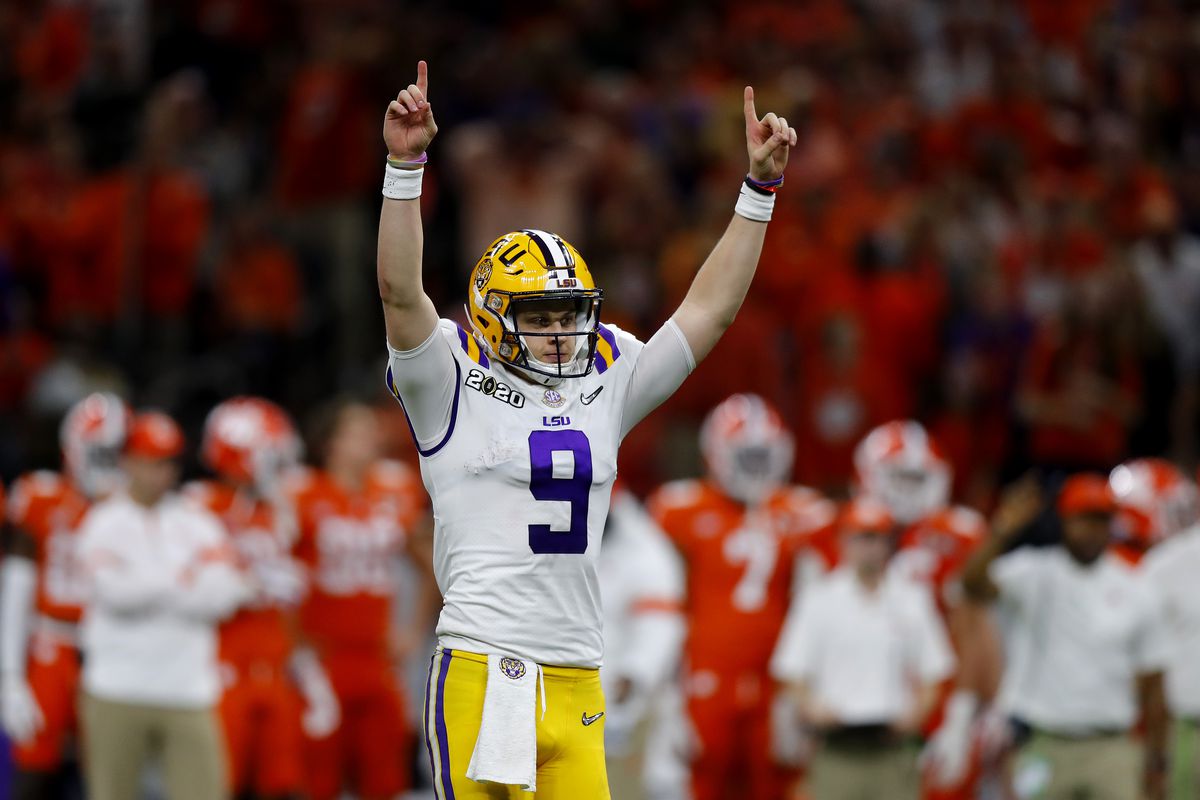 Joe Burrow of the LSU Tigers reacts to a touchdown against Clemson Tigers during the third quarter in the College Football Playoff National Championship game at Mercedes Benz Superdome on January 13, 2020 in New Orleans, Louisiana.