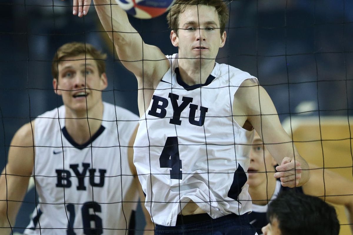 BYU's Leo Durkin spikes the ball during action against Hawaii at the Smith Field House in Provo on Friday, March 17, 2017.
