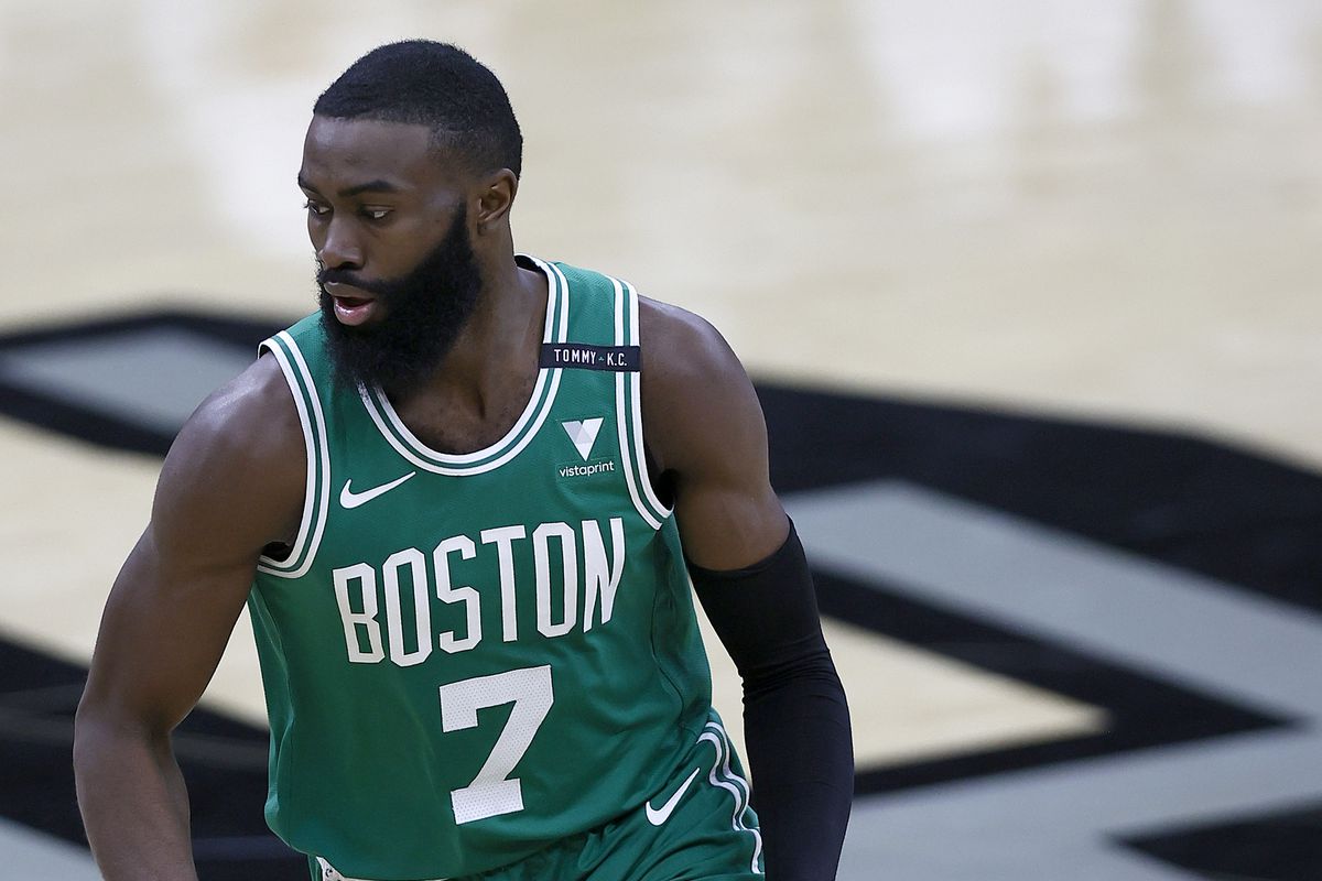 Jaylen Brown of the Boston Celtics dribbles the ball against the San Antonio Spurs at AT&amp;T Center on January 27, 2021 in San Antonio, Texas.&nbsp;