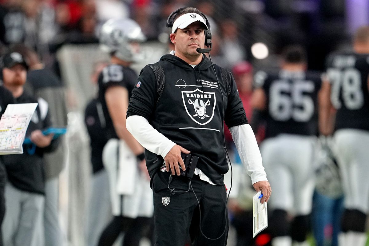 LAS VEGAS, NEVADA - JANUARY 07: Head coach Josh McDaniels of the Las Vegas Raiders looks on against the Kansas City Chiefs during the first half of the game at Allegiant Stadium on January 07, 2023 in Las Vegas, Nevada.