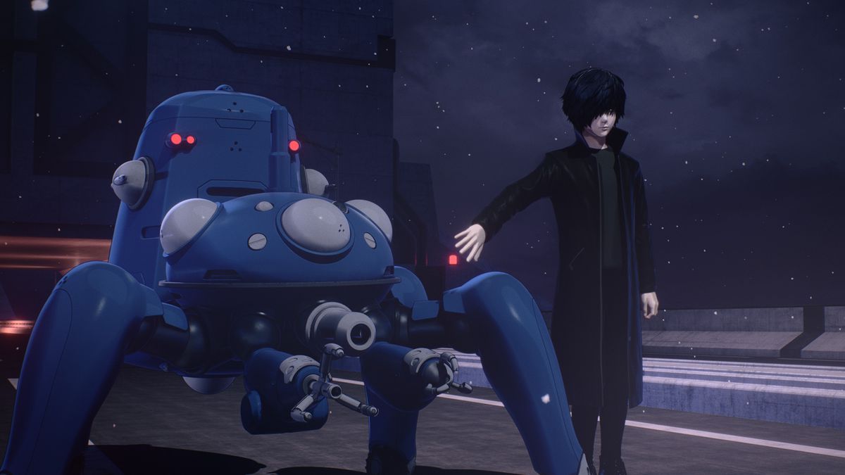 Takashi standing beside a Tachikoma tank robot in Ghost in the Shell: SAC_2045.