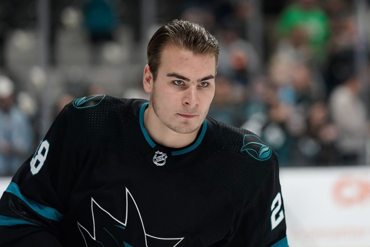 Mar 14, 2019; San Jose, CA, USA; San Jose Sharks right wing Timo Meier (28) warms up before the game against the Florida Panthers at SAP Center at San Jose.