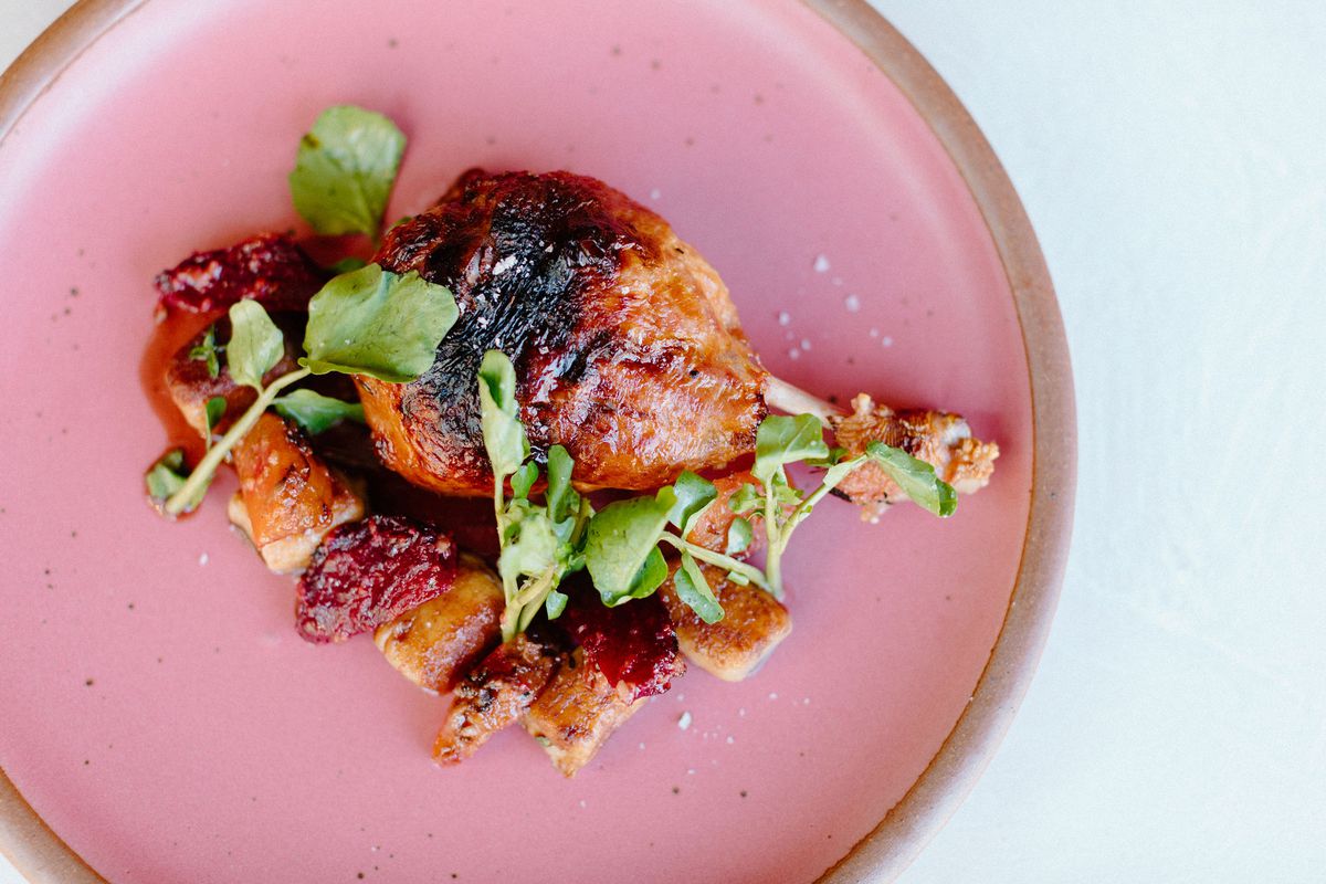 A roast duck leg on a pink plate.