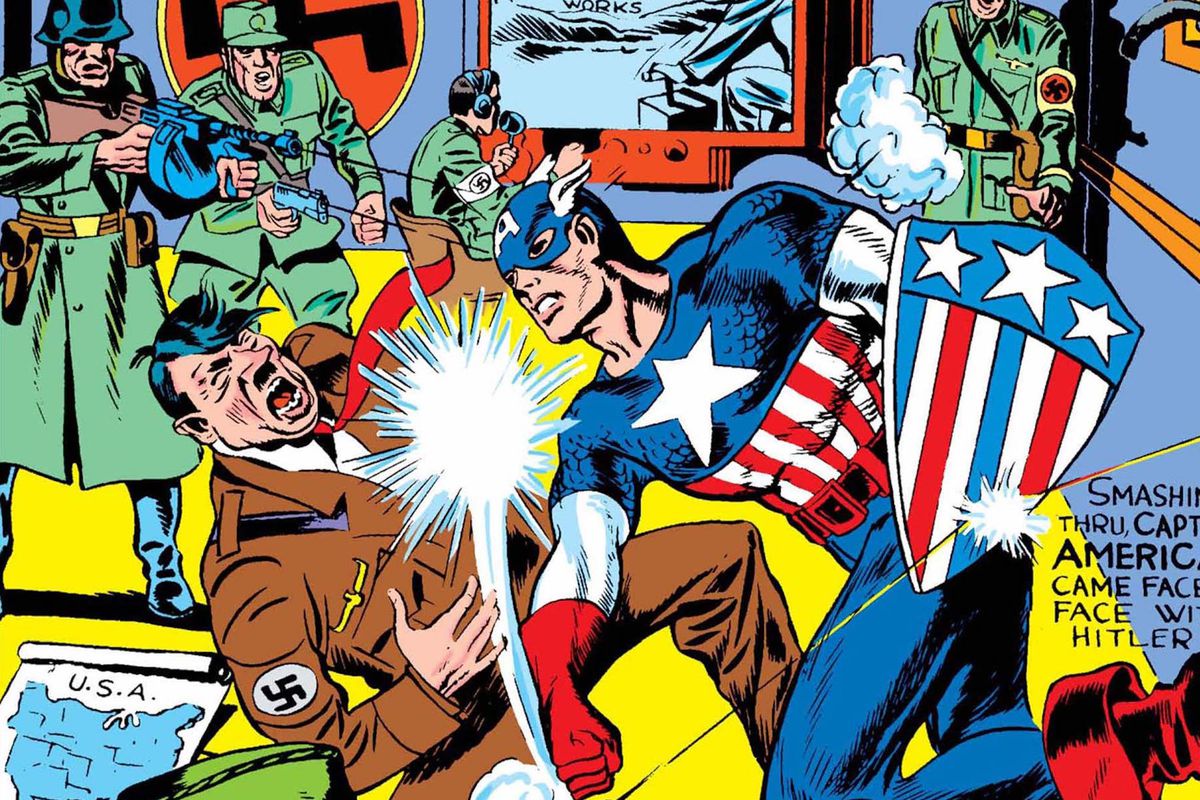 Captain America socks ol’ Adolf Hitler in the face on the cover of Captain America #1
