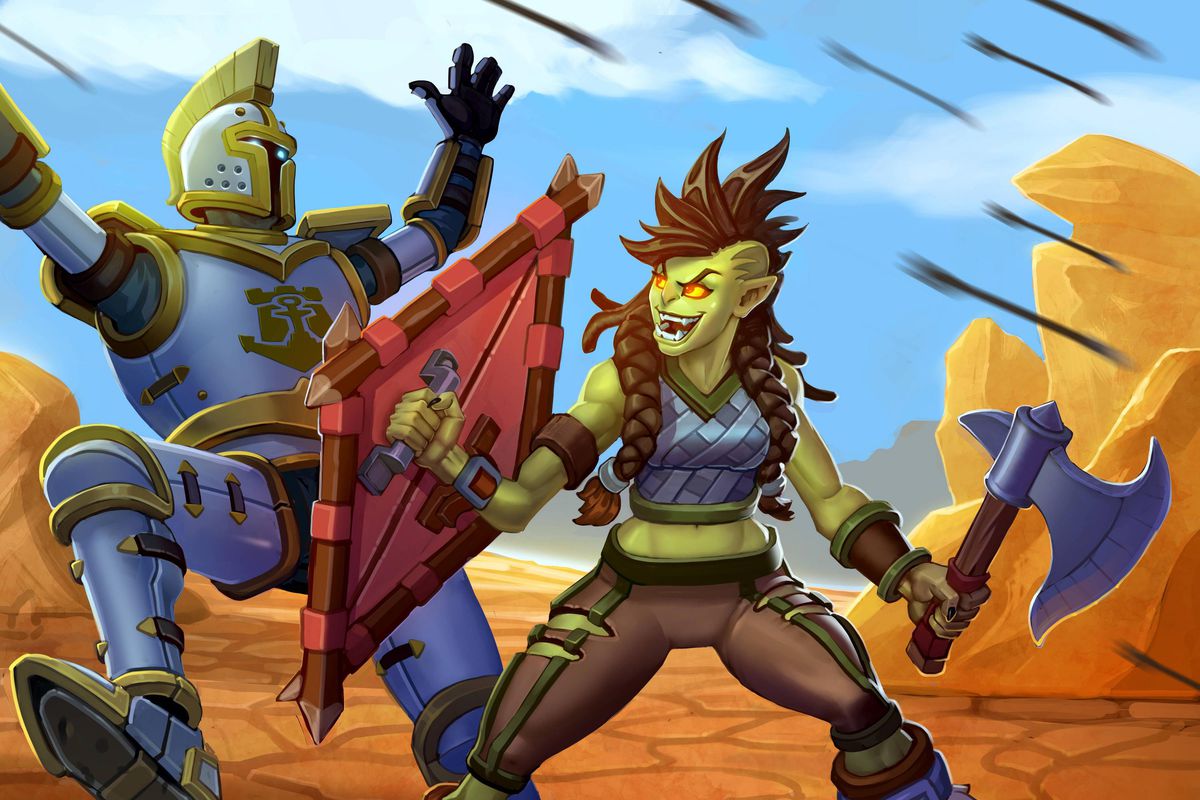 Hearthstone - the Frostwolf orc Rokara uses her kite shield to bash aside an armored footman in the Barrens.