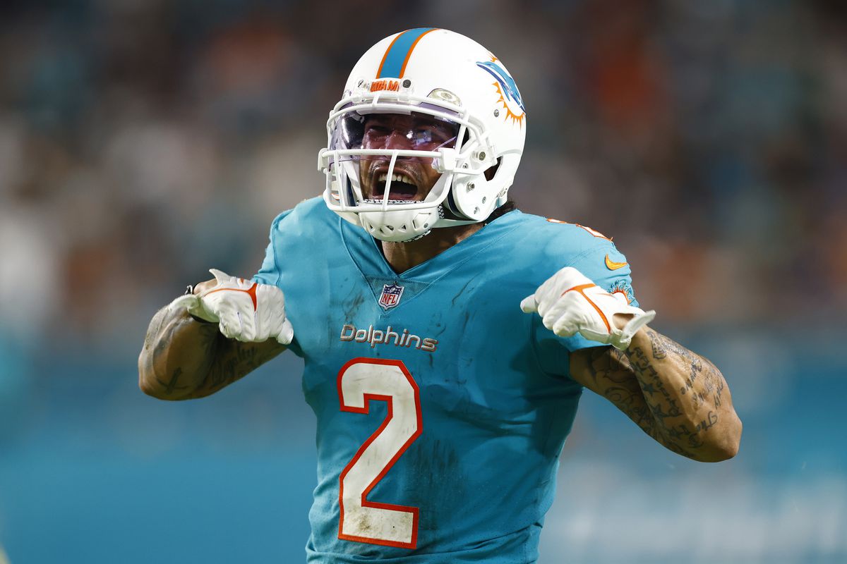 Albert Wilson #2 of the Miami Dolphins reacts against the Baltimore Ravens at Hard Rock Stadium on November 11, 2021 in Miami Gardens, Florida.