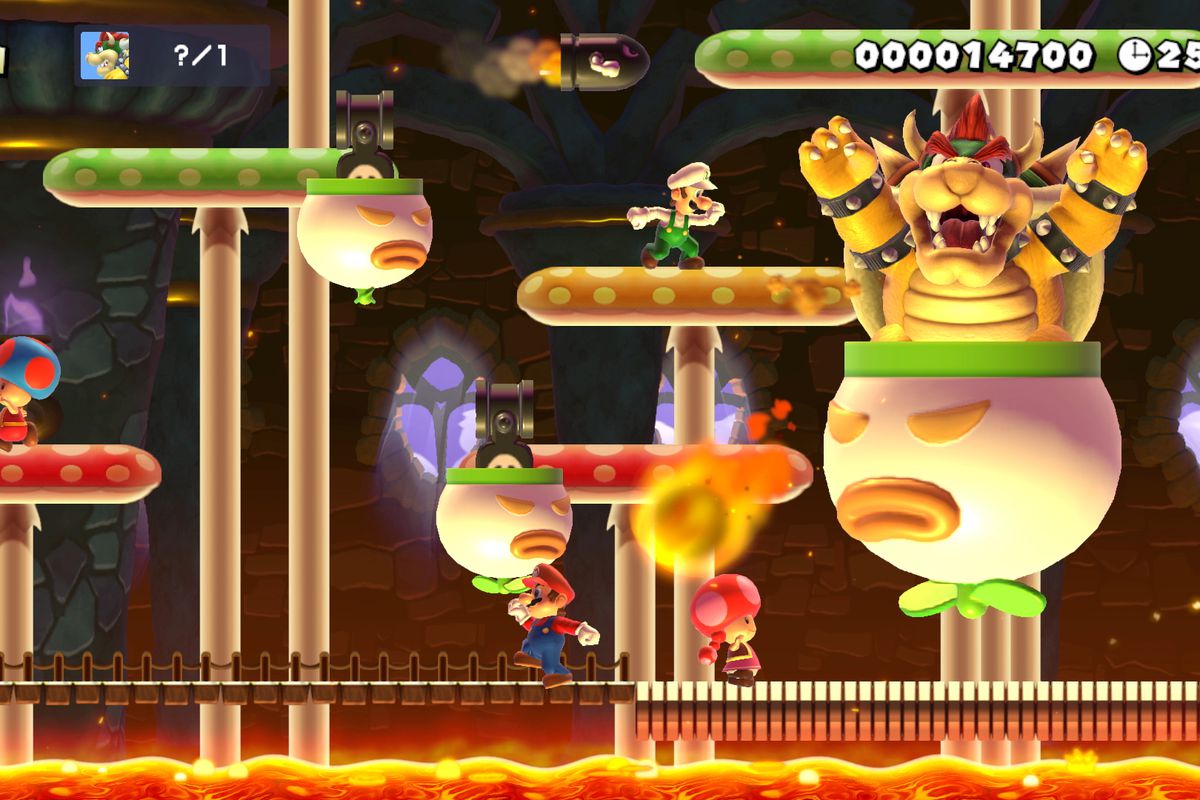 Mario, Luigi, Toad, and Toadette battle Bowser in a screenshot from Super Mario Maker 2