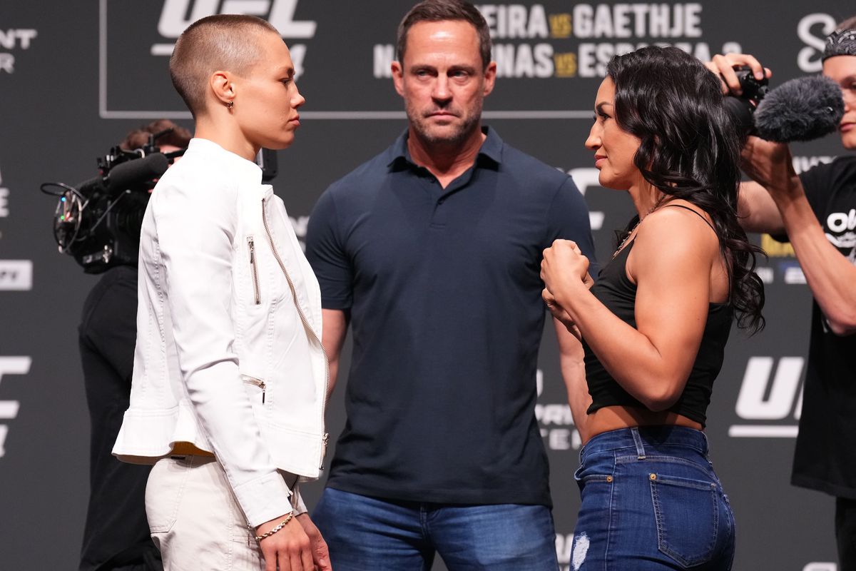 Opponents Rose Namajunas and Carla Esparza face off during the UFC 274 press conference at Arizona Federal Theatre on May 05, 2022 in Phoenix, Arizona.