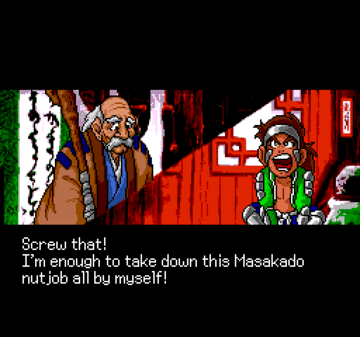 A pixelated screenshot of an old school RPG hero screaming at an old man.