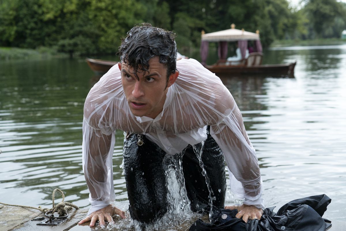 Anthony doing a Mr. Darcy and coming out of the water in a soaked shirt in Bridgerton