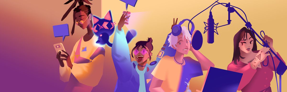 All five band members from We Are OFK. Carter is on their phone with Debug the cat nearby. Itsumi is taking a selfie. Luca is singing, and Jey is fiddling with equipment. The colors are soft and dreamlike.