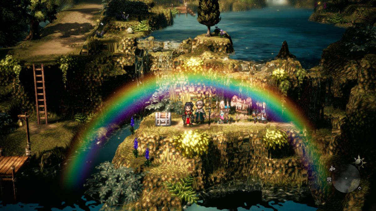 Osvald stands beneath a rainbow on ivy-covered cliffs in Octopath Traveler 2