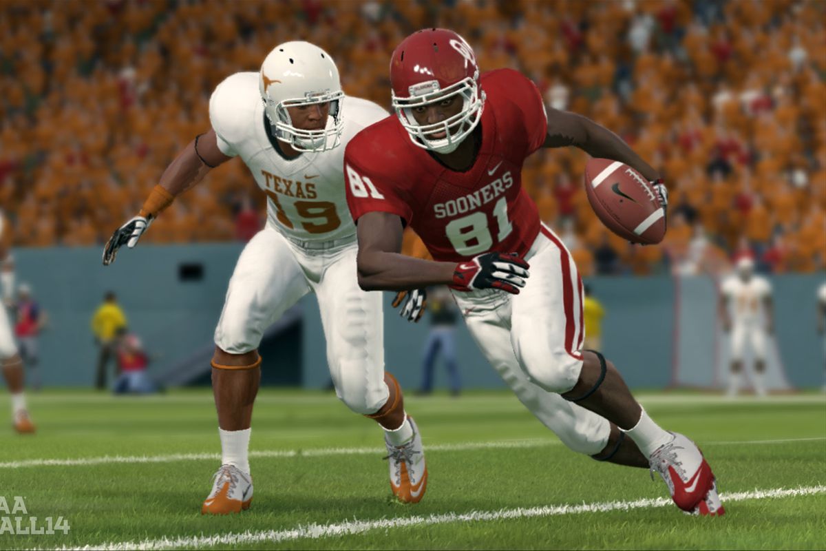 a defender for the Texas Longhorns, wearing an all-white #19 jersey, tracks an Oklahoma Sooners wide receiver carrying the ball in a crimson-and-white #81 uniform, in a screenshot from NCAA Football 14