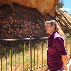 Interior Secretary Sally Jewell makes a stop at Newspaper Rock during her visit to Canyon Country in southern Utah on Thursday, July 14, 2016.
